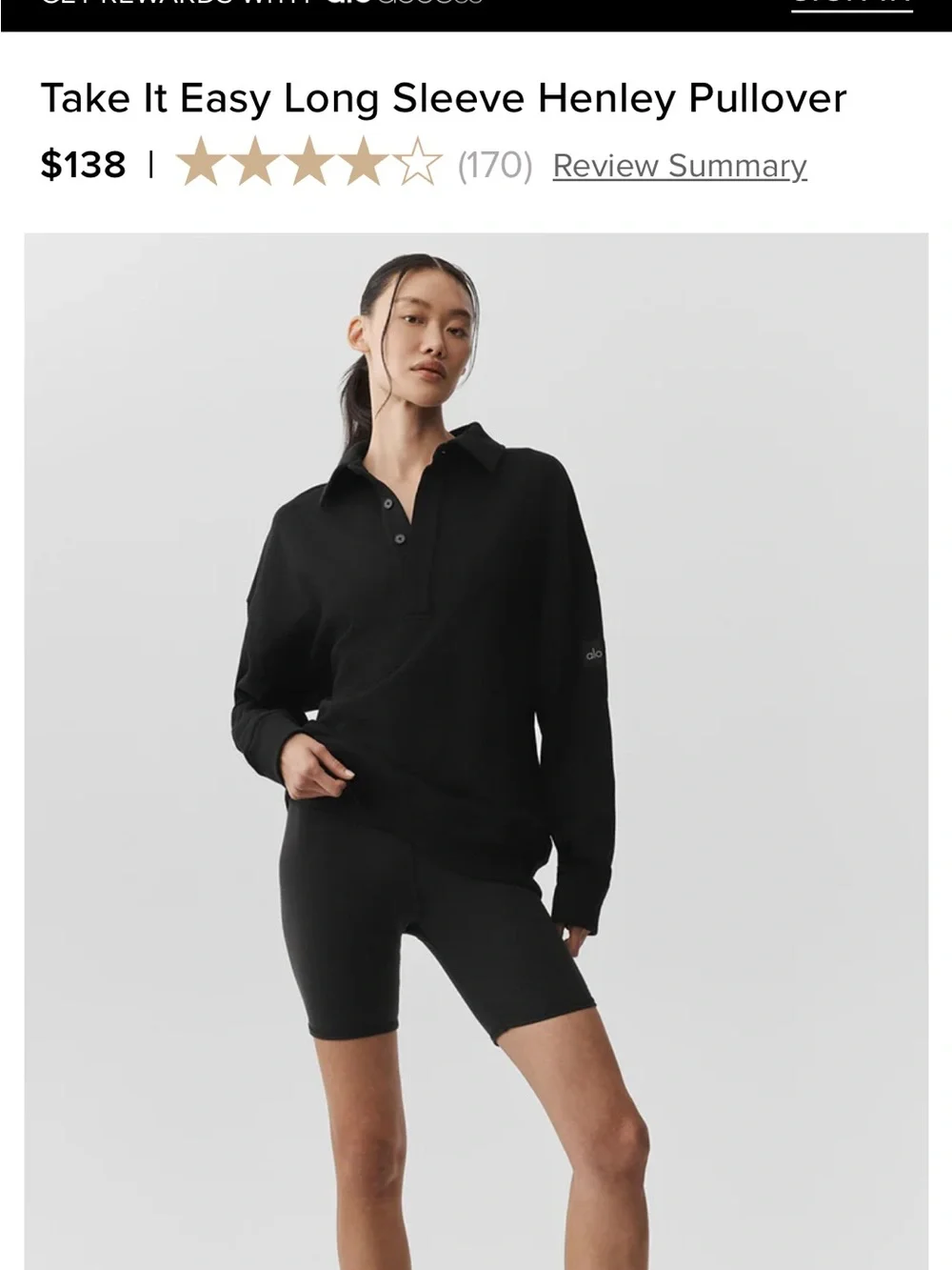 ALO Yoga Take It Easy Long Sleeve Henley Pullover - Black M